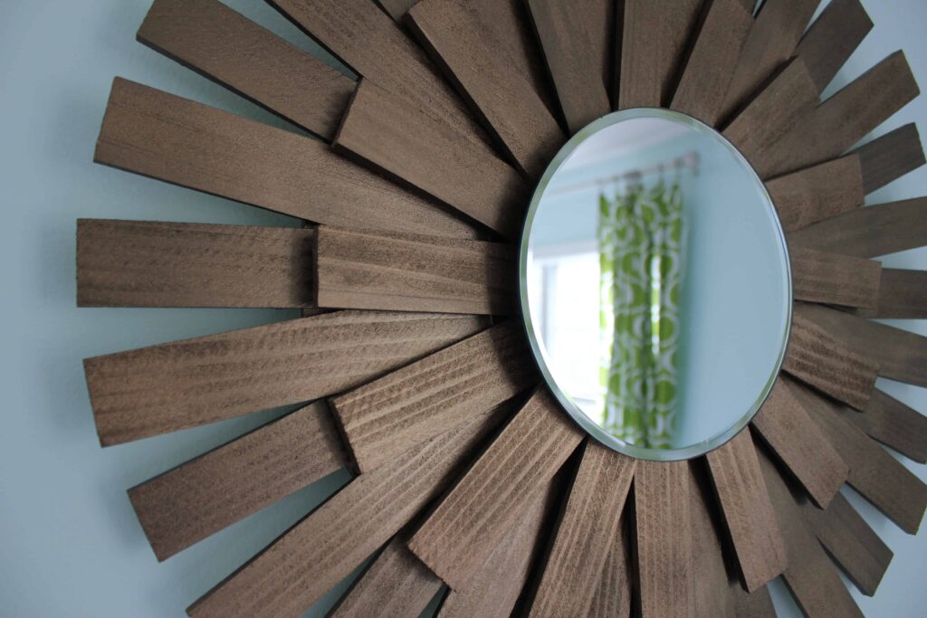 DIY Mid Century Sunburst Mirror made with wood shims - Life Full and Frugal