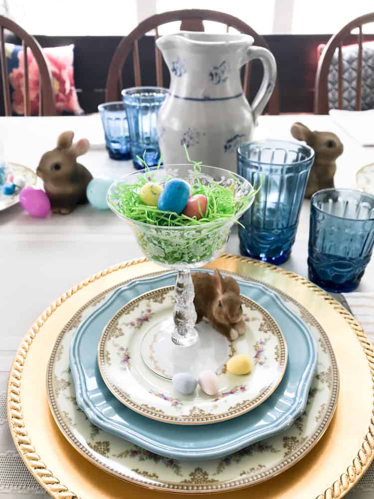 Easter Table Setting Life Full and Frugal tablescape with spring decor and a bunny place setting