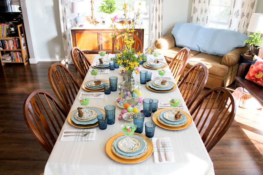 Easter Table Setting Life Full and Frugal sunny wide view of spring decorated table