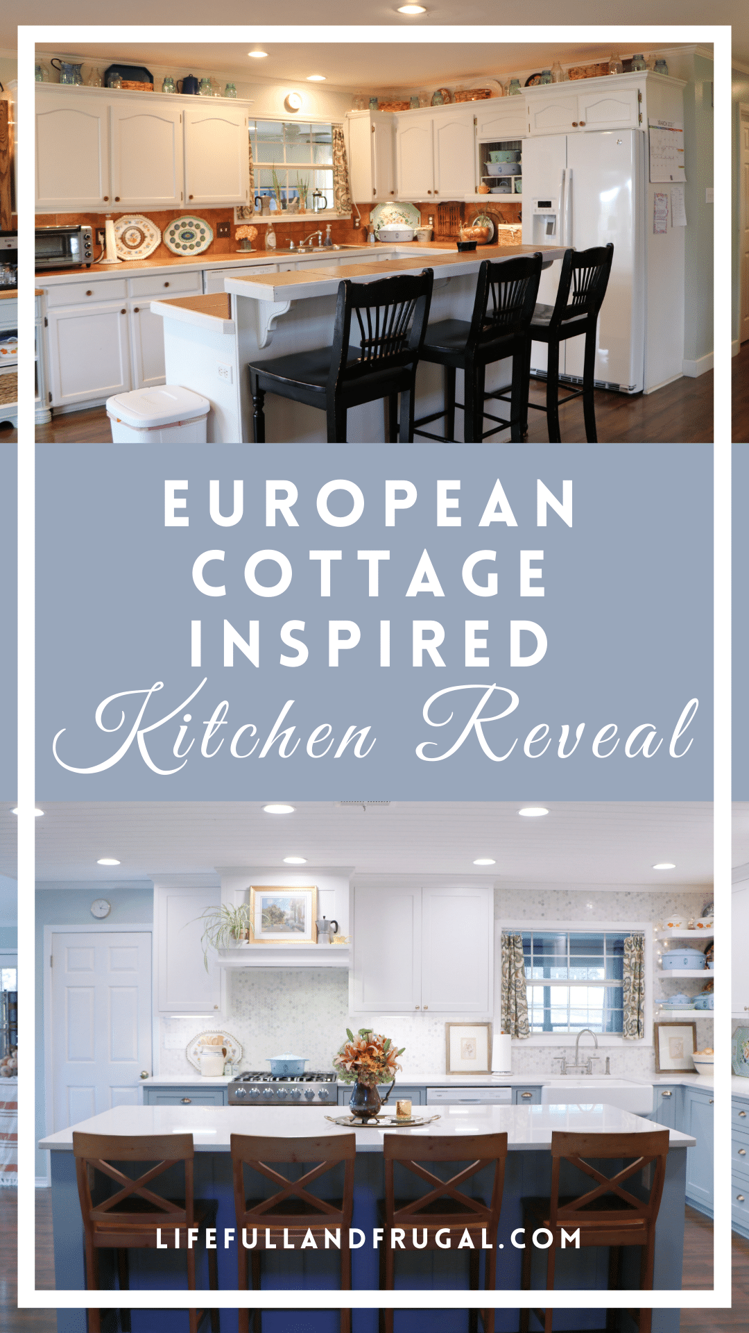European Cottage Inspired Kitchen - Life Full and Frugal - dark red tiled kitchen on top, light bright blue and white kitchen on bottom