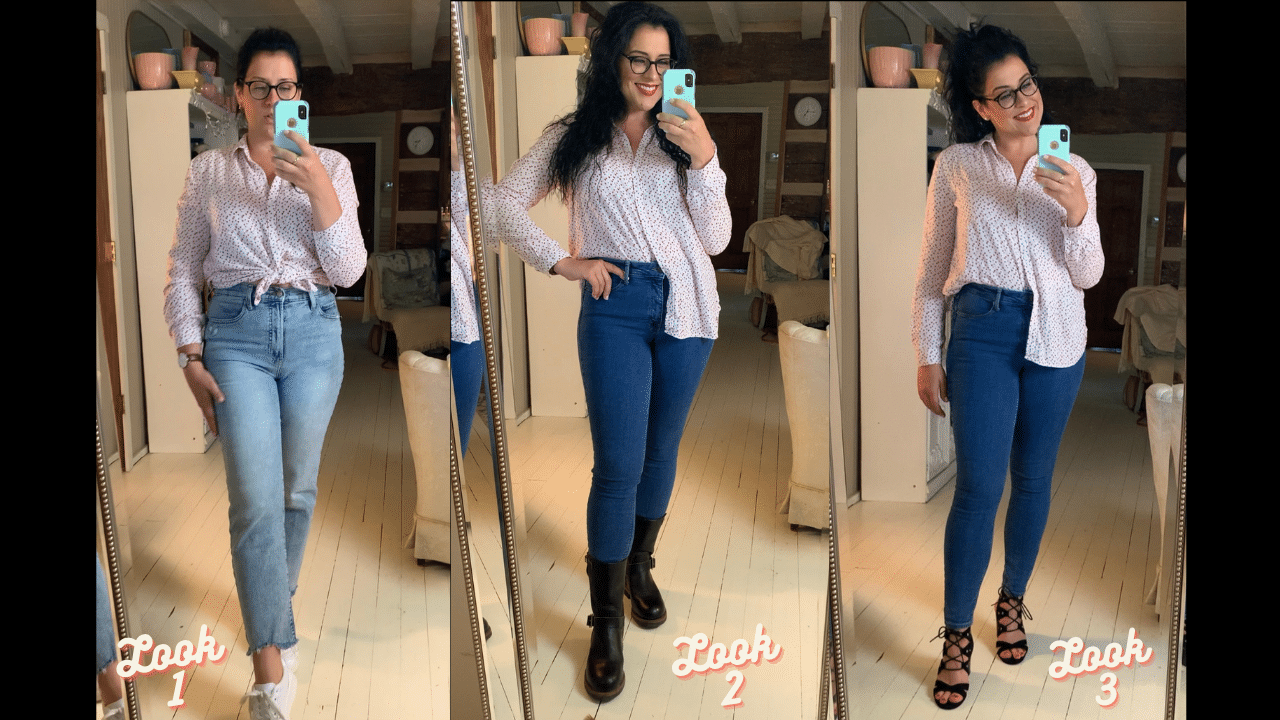 three different looks with a white top jeans and shoes