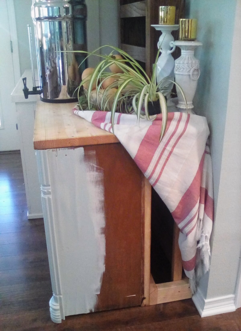 Creating Frugal Eclectic Fall Decor - Life Full and Frugal - half painted cabinet with a table cloth draped over it