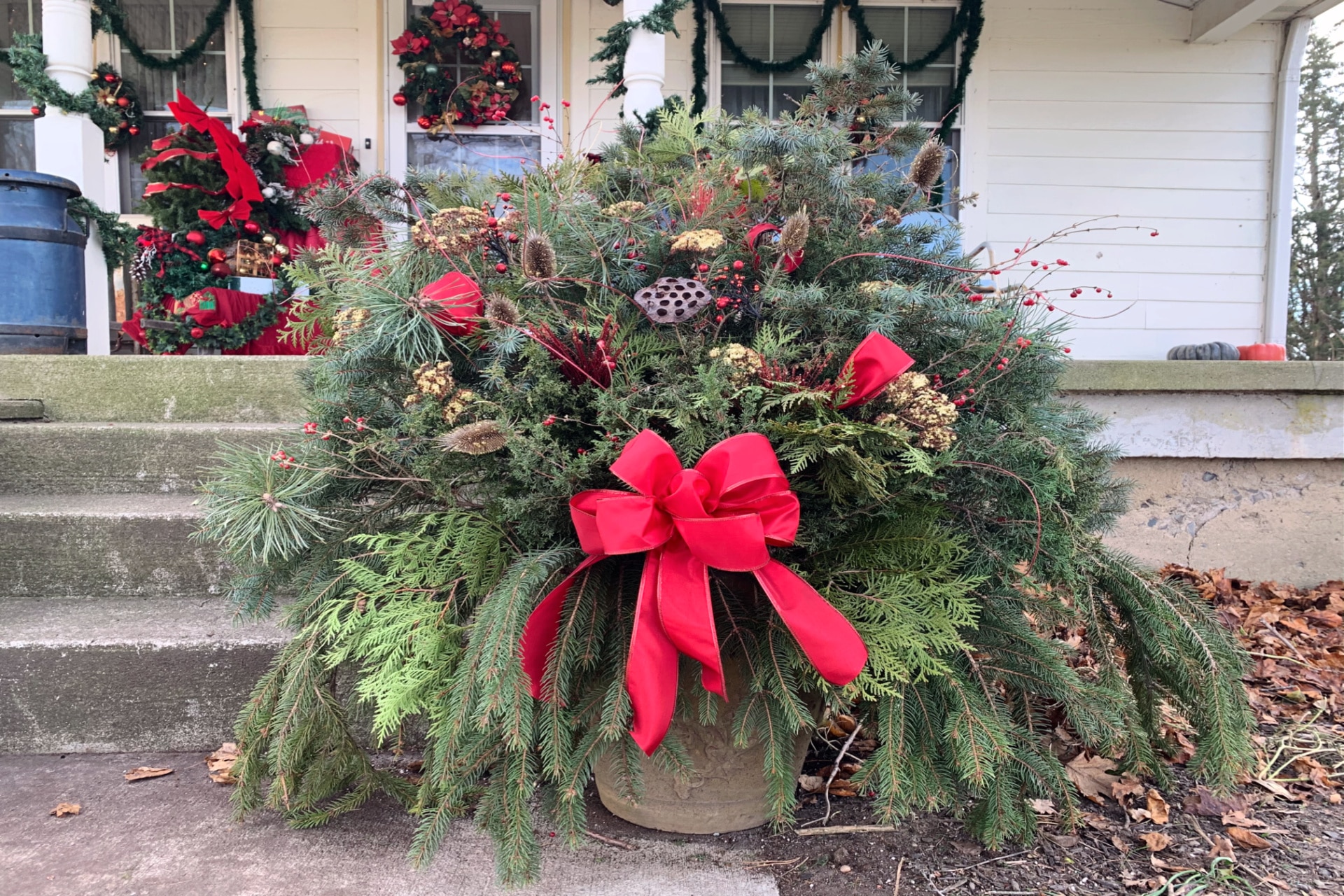 an evergreen christmas planter on a front porch life full and frugal