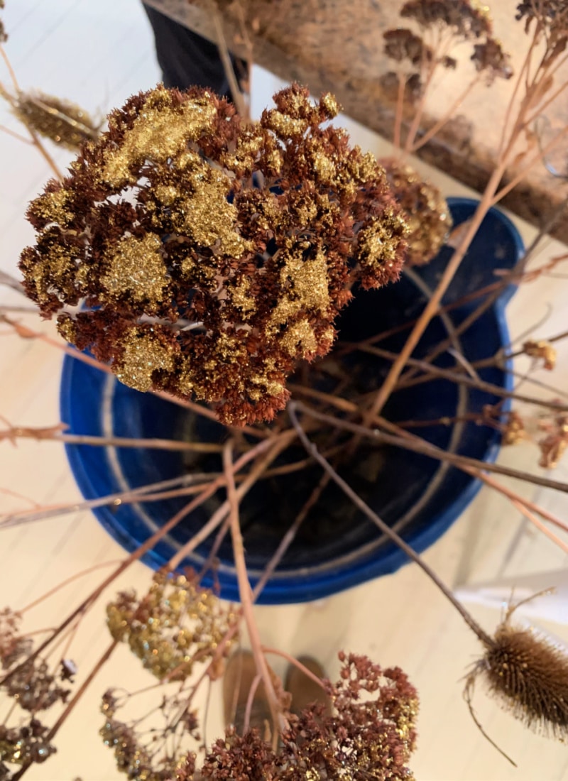 dried sedum flowers with glitter for evergreen planters life full and frugal