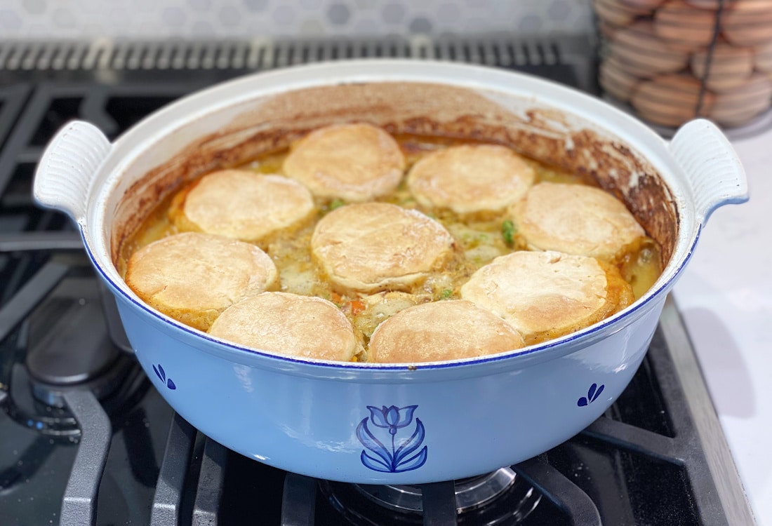 blue dru holland cast iron enamel dutch oven with chicken and biscuit pot pie -Dutch Oven Chicken Biscuit Pot Pie - Life Full and Frugal