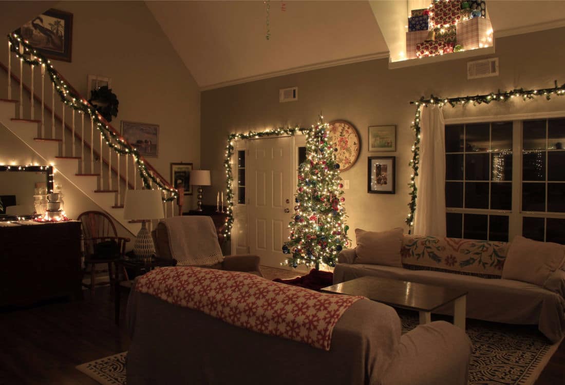 a christmas living room with white lights - Life Full and Frugal