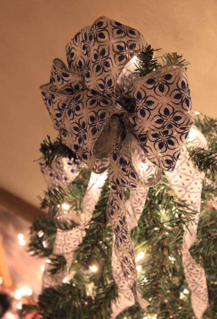 royal blue and silver ribbon tree topper bow10 Tips for Frugal Christmas Decor - Life Full and Frugal