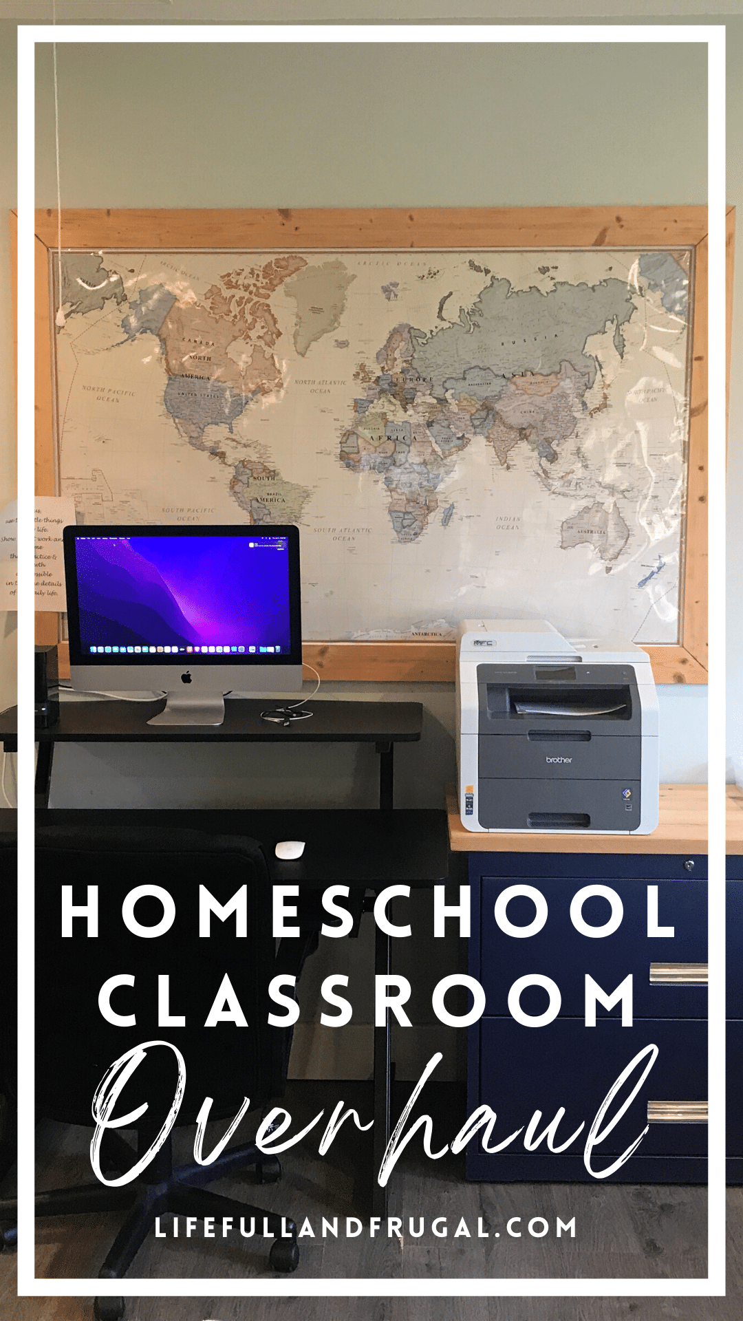 homeschool classroom desk with a computer beside a filing cabinet with a printer and a world map on the wall - homeschool classroom overhaul and tour - life full and frugal