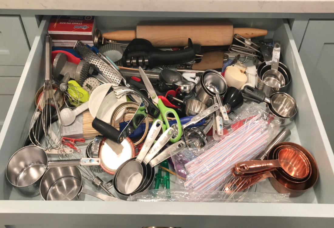 very messy kitchen drawer full of random kitchen utensils - Frugal Custom Drawer Dividers - Life Full and Frugal