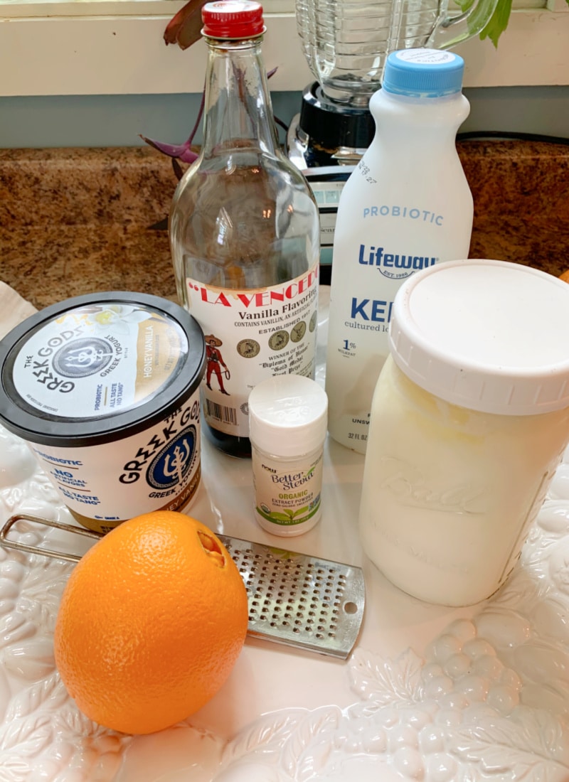 probiotic yogurt dreamsicles ingredients: navel orange, vanilla yogurt, homemade yogurt, vanilla, kefir, and a blender - Probiotic Yogurt Dreamsicles with Orange and Vanilla - Life Full and Frugal
