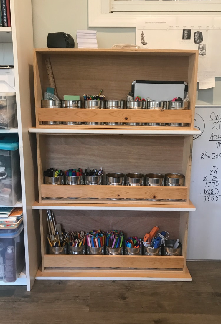 shelves made from repurposed dresser drawers filled with art and school supplies - Homeschool Classroom Overhaul and Tour - Life Full and Frugal