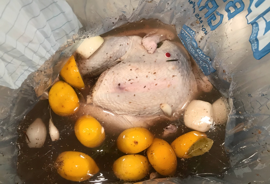 turkey in brine with lemons, onions, garlic, rosemary - How to Brine a Turkey - Life Full and Frugal